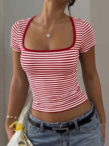 2026 Spring/Summer Striped Casual Versatile Elegant Square Neck Contrast Color Raglan Sleeve T-Shirt, Suitable For Office, Party, Travel And Multiple Occasions Red - Red - View 4