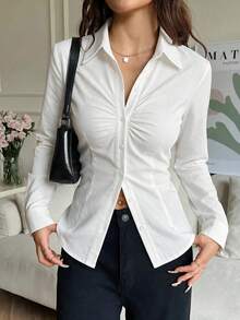 Women's White Long Sleeve Shirt Collar Top, Front Pleated Design, Regular Fit Woven Blouse, Elegant Fashionable Autumn Look, Academic Business Shirt Top, Elegant Office Fashion Minimalist Casual Wear - White - View 9