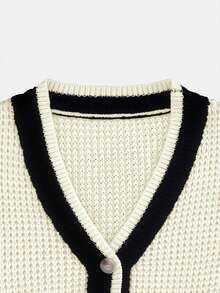 Women's V-Neck Striped Colorblock Button Long Sleeve Loose Knit Cardigan, Faux Pockets, Autumn/Winter Daily Outerwear, Soft And Comfortable - Multicolor - View 6
