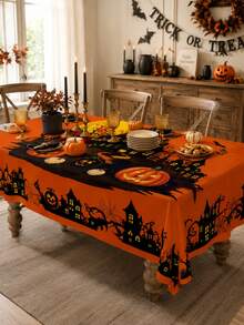 1 Buah Taplak Meja Halloween Menyeramkan, Taplak Meja Makan Poliester Gaya Horor Oranye dengan Motif Jack-O-Lantern, Rumah Hantu, dan Kelelawar, Dekorasi Meja yang Dapat Digunakan Kembali untuk Pesta di Rumah, Dekorasi Meja Pesta Halloween, Dekorasi Rumah Liburan, Dapur & Ruang Makan - MultiWarna - View 6