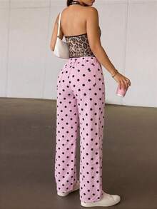 Plus Size Pink Polka Dot Boyfriend Style Jeans, Non-Stretch Long Denim Pants With Zipper Detail - Pink - View 6