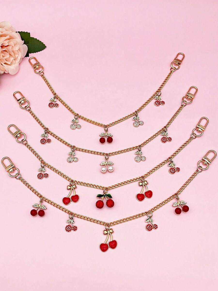 Charming Rhinestone Cherry Bag Charm, Fashionable Chain Strap Bag Accessory, Multiple Red Cherry Decor, Shoulder Bag Charm Chain, Backpack Pendant, Shopping Bag Charm, Suitable For Various Occasions, Cute Holiday Gift