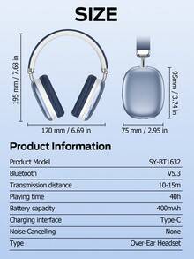 Tagry Adjustable Wireless Bluetooth Headphones, Suitable For Smartphone/Computer/Tablet, Silver - Baby Blue - View 4
