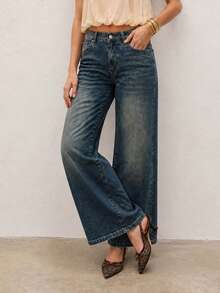 Women Mid‑Rise Vintage Faded Wide Leg Jeans, Dark Blue Washed Loose Floor‑Length Denim Trousers, Retro Street Style For Holiday Casual Daily Outfits - Blue - View 7
