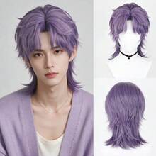 Purple Short Straight Synthetic Men Middle Part Wigs Anime Game Cosplay Fluffy Wig Heat Resistant For Daily Party, Halloween - Purple - View 1