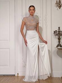 Modphy Luxury High Neck Sheer Mesh Beaded Rhinestone Mermaid Evening Gown, White Pleated Slim Fit Long Party Dress - Apricot - View 5