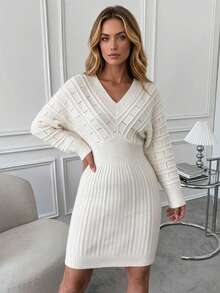 Off-White V-Neck Knit Dress, Diamond Hollow & 3D Cable Knit Texture, Suitable For Casual, Vacation And Date Wear - Off-white - View 1
