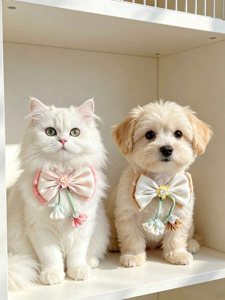 1pc Cute Satin Pet Collar Decorated With Exquisite Flower-Shaped And Woven Tassel Bow. Adjustable Design Suitable For Most Small Cats And Puppies, Lightweight And Comfortable, Perfect For Daily Wear, Parties And Holiday Photo Shoots. - Multicolor - View 1