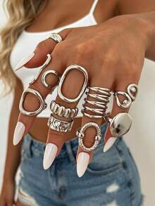 10/1pc Fashion Minimalist Casual Style Asymmetrical Geometric Line Silver Ring Set, Suitable For Women's Daily, Party, Vacation Wear, Holiday Gift - Silver - View 2