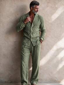 GOLDREDY Men's Loose Casual Fashion Long Sleeve Blazer & Pants 2 Pieces Set, Suitable For Outings And Casual Wear, Minimalist - Army Green - View 3