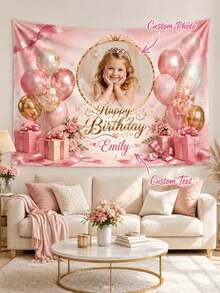 Personalized Photo Birthday Tapestry, Customized Name Pink Balloon Wall Hanging, Smooth Polyester Fabric Party Backdrop, Suitable For Bedroom, Living Room, Birthday Celebration, Family Gathering, Photo Booth Decoration, Commemorative Gift - Multicolor - View 1