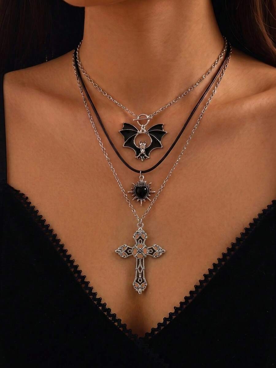 3pcs Vintage Bat Heart Star Gothic Halloween Layered Cross Necklace Choker Chain Suitable For Party Gathering Vacation Gift For Friends And Family Daily Wear Commute - Black - View 1