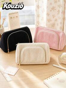 1pc Corduroy Large‑Capacity Pencil Case With Front Zipper Pocket, Soft Portable Multi‑Functional Storage Pouch For Stationery, Cosmetics & Travel Items, Suitable For Teen Girls, Women, Students, School, College, Office And Daily Use - Solid Color Corduroy - View 2