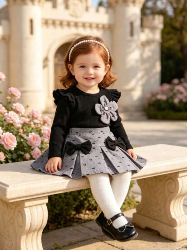 2pcs Baby Girl Sweet Cool Floral Flutter Sleeve Top & Skirt Set, Lightweight Spring/Autumn