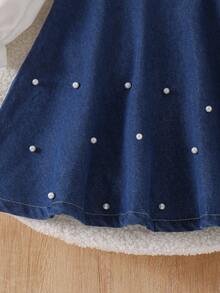 1pc Girls Elegant White Bow Decor Patchwork Sleeve Dress, Autumn - Blue - View 7
