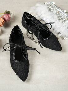 Women's Black Lace Pointed Toe Mary Jane Shoes, French Style Bowknot Strap Flat Ballet Shoes, Breathable Mesh, Suitable For Daily Wear - Black - View 5