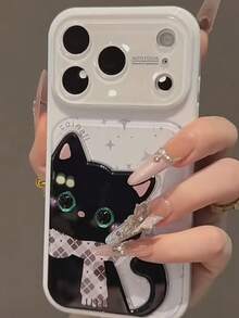 Ins New 3D Scarf Cat Design With Beaded Chain Phone Case Compatible With Iphone 17 Pro Max, Instant Transformation To 17 Large Window Cat Ear Style, Apple 16 Pro Max Women 15/14/13 Shockproof Protective Cover - White - View 3