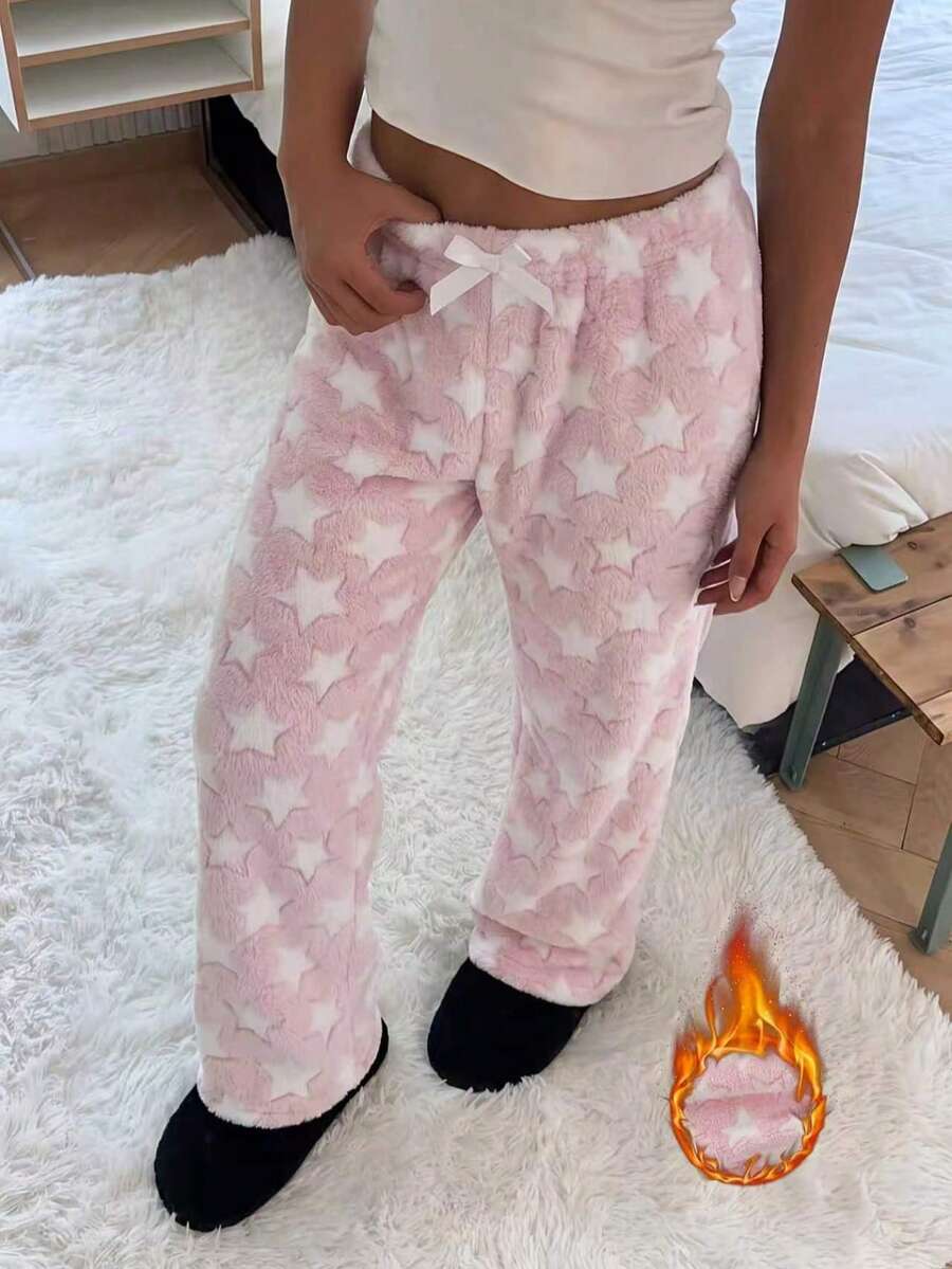 1pc Women's Pink & White Star Print Soft Comfortable Flannel Thermal Lined Pajama Pants, Autumn/Winter - Pink - View 1