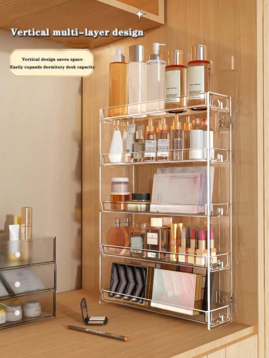 1 Wall-Mounted Cosmetic And Nail Polish Organizer - 3/4/5 Tier Detachable Transparent Plastic Shelves, Space-Saving Bathroom And Bedroom Storage Rack, Portable Adhesive Design For Easy Installation, Bathroom Organization, - Multicolor - View 1