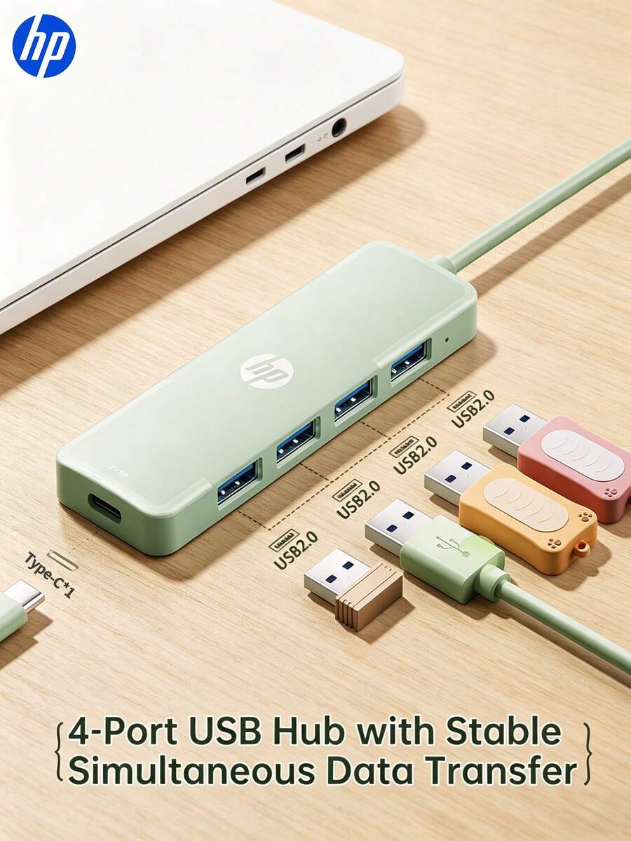 HP 4-In-1 Docking Station, DHC-CT100D, USB-A 2.0, 1-To-4, USB2.0*4, Type-C*1, Efficient File Transfer, Portable Multi-Function Docking Station, Plug And Play, Fresh Green, Suitable For Gift And Office Use. - View 1