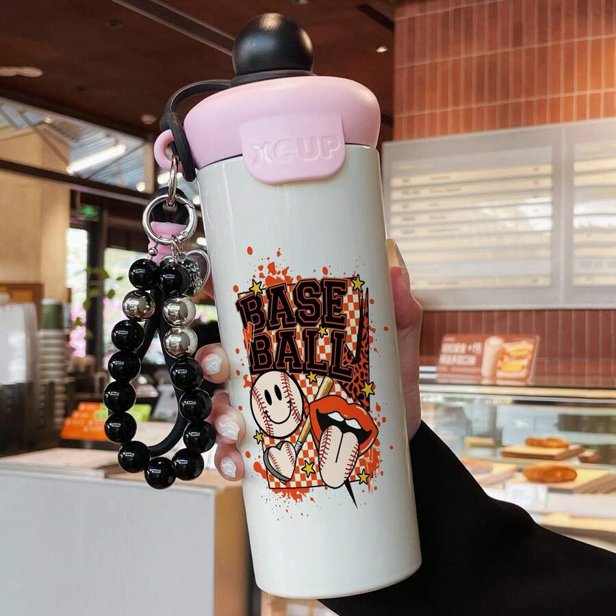 1PC 600ML Daisy Expression, Creative Expression, Line Art Pattern Stainless Steel Insulated Cup, Double Beverage Coffee Cup, Portable Straw Cup, Stylish Lanyard Insulated Cup, Suitable For Office, Home, Gift Recommendations, Coffee/Milk/Tea - Multicolor - View 1