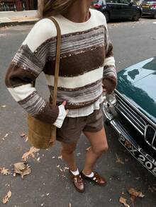 Fall New Arrival Women Color Block Striped Sequin Decor Crew Neck Knit Sweater, Long Sleeve Loose Casual Pullover - Brown - View 2