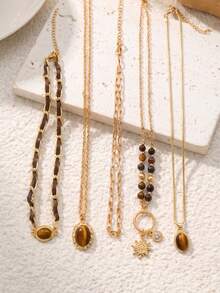 Set Kalung Berlapis-lapis Bertabur Berlian Imitasi Gaya Prancis Mewah Kelas Atas Maillard dengan Batu Mata Harimau dari Paduan Seng, Cocok untuk Perjalanan Sehari-hari Wanita, Kencan, dan Mengenakan Sweater Musim Gugur/Dingin, Serbaguna, Memperindah Tulang Selangka dan Leher - Emas - View 3