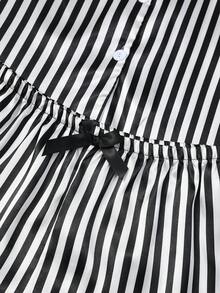 Elegant Women's 3-Piece Pajama Set With Short Sleeve Top, Shorts, Long Pants, Lapel Collar, Striped Print And Bowknot Design, Loungewear Set - Black - View 5