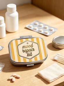 2D Flat Printing, Vintage Yellow And White Striped Creative Mood Slogan Pattern Square Small Pillbox, Two-Compartment Portable Storage Case, Pocket-Sized Container For Small Items, Accessories, Medicine, And Vitamins, Only Empty Bag - Multicolor - View 4