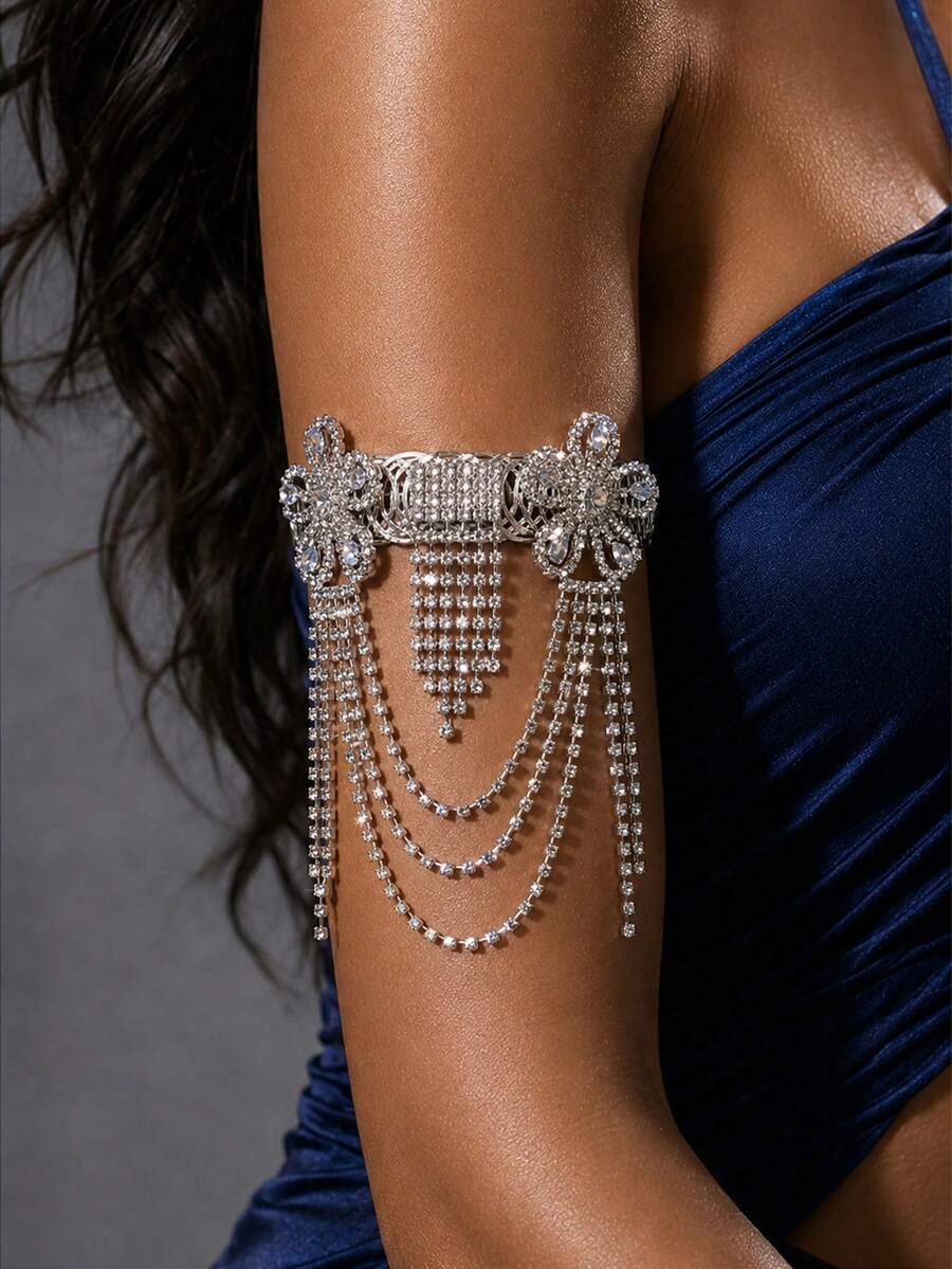 1pc Women's Adjustable Flower-Shaped Hollow Arm Cuff Bracelet, Rhinestone Multi-Layer Tassel Arm Cuff, Suitable For Women To Wear At Ball, Club, Evening Party Occasions - JL2315 - View 1