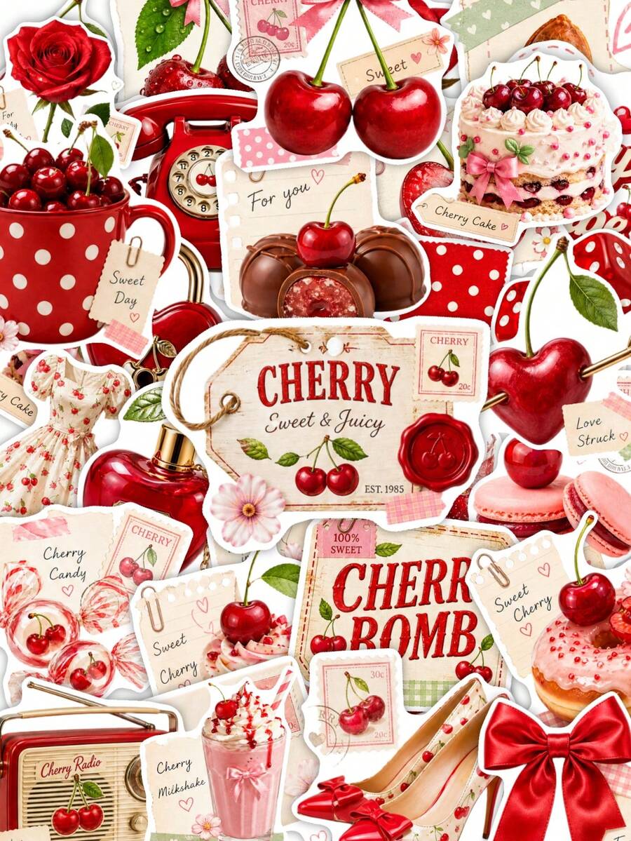 50Pcs Red Sweet Cherry Graphic Stickers, Aesthetic Fruit Dessert Waterproof Decals For Notebook, Luggage, Skateboard - Multicolor - View 1