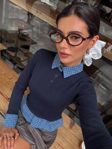 Women's Preppy Style 2 In 1 Polo Collar Long Sleeve T-Shirt, Layered Slim Fit Base Layer Top - Blue - View 5