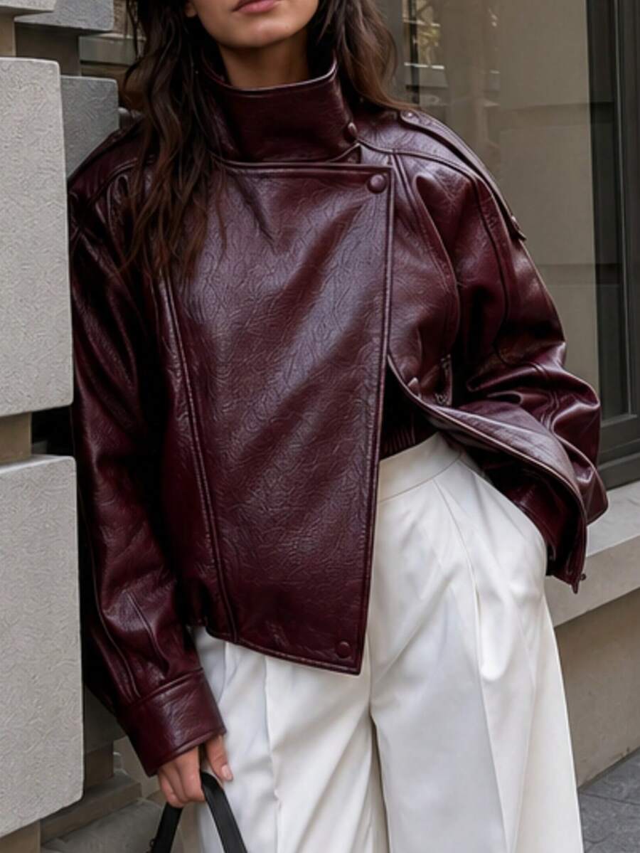 Oversized Faux Leather Biker Jacket With Funnel Neck