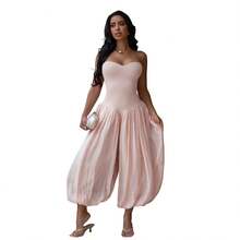 Women's Sleeveless Pink Knit Fabric Short Jumpsuit, Slight Stretch, Bandeau Design, Harem Pants Style - Pink - View 5