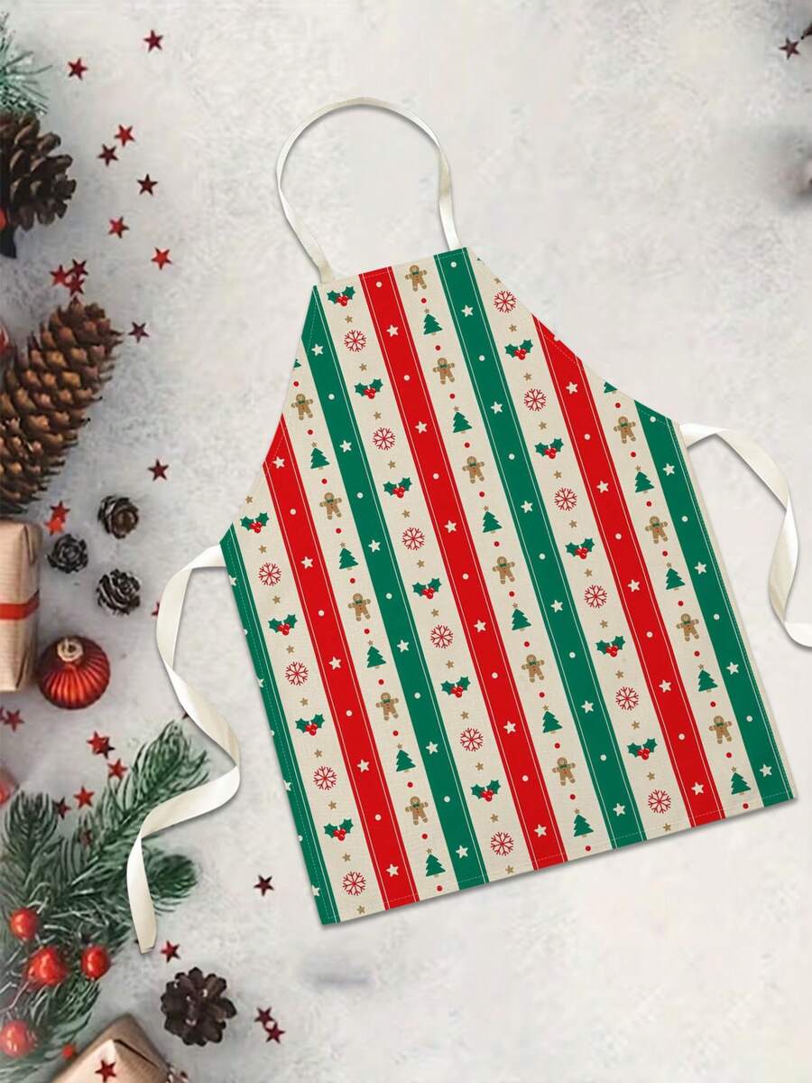 1PC Christmas Pattern Single-Sided Printed Apron, Unisex Home Kitchen Halter Tie Apron, Home Decor Kitchen Cooking Anti-Stain Apron - Multicolor - View 1