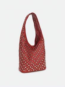 Dedoo Burgundy V-Shaped Double-Sided Studded Bucket Bag,Punk Style Heavy-Duty Rivet Embellished Underarm Shoulder Bag,Suitable For Work Commute And Shopping - Burgundy - View 5