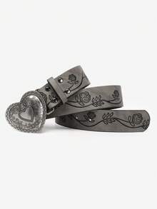 1pc Heart Buckle Western Style Belt, Embossed Faux Leather, Bohemian Style, Suitable For Girls' Jeans, Dresses, Daily And Holiday Outfits - Belt - View 4