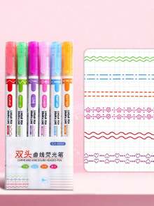 Bolígrafos resaltadores con patrón floral de onda de 6 colores, bolígrafos de planificador con lindo contorno para manualidades y scrapbooking - Multicolor - Ver 6