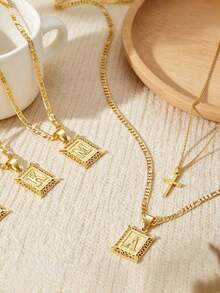 1pc Multi-Layer Letter Cross Necklace, A-Z Women Girls Layered Square Letter Pendant Figaro Chain Cross Necklace - Yellow Gold - View 3