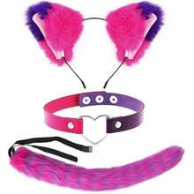 Pink & Purple Striped Cat Costume, Includes Cat Ears + Fluffy Tail + Striped Sleeve Socks And Skirt, Suitable For Halloween Dress Up And Role Play - Multicolor - View 9