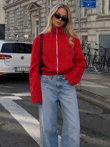 Women Stand Collar Zip Up Long Sleeve Solid Cropped Jacket, Casual Loose Outerwear - Red - View 8