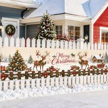 1pc Winter Christmas Theme Garden Sign Banner, Polyester, Reindeer Christmas Tree, Gift Sleigh, Snowy Ground Cabin Background. Suitable For Garden Fences, Patios, Walls, Christmas Parties, Etc. - A - View 7