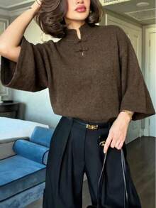 SEREN Elegant Women's Regular Fit Pullover Sweater, Brown, With Traditional Button Details And Wide Cuffs, Autumn Outfit Essential - Brown - View 1