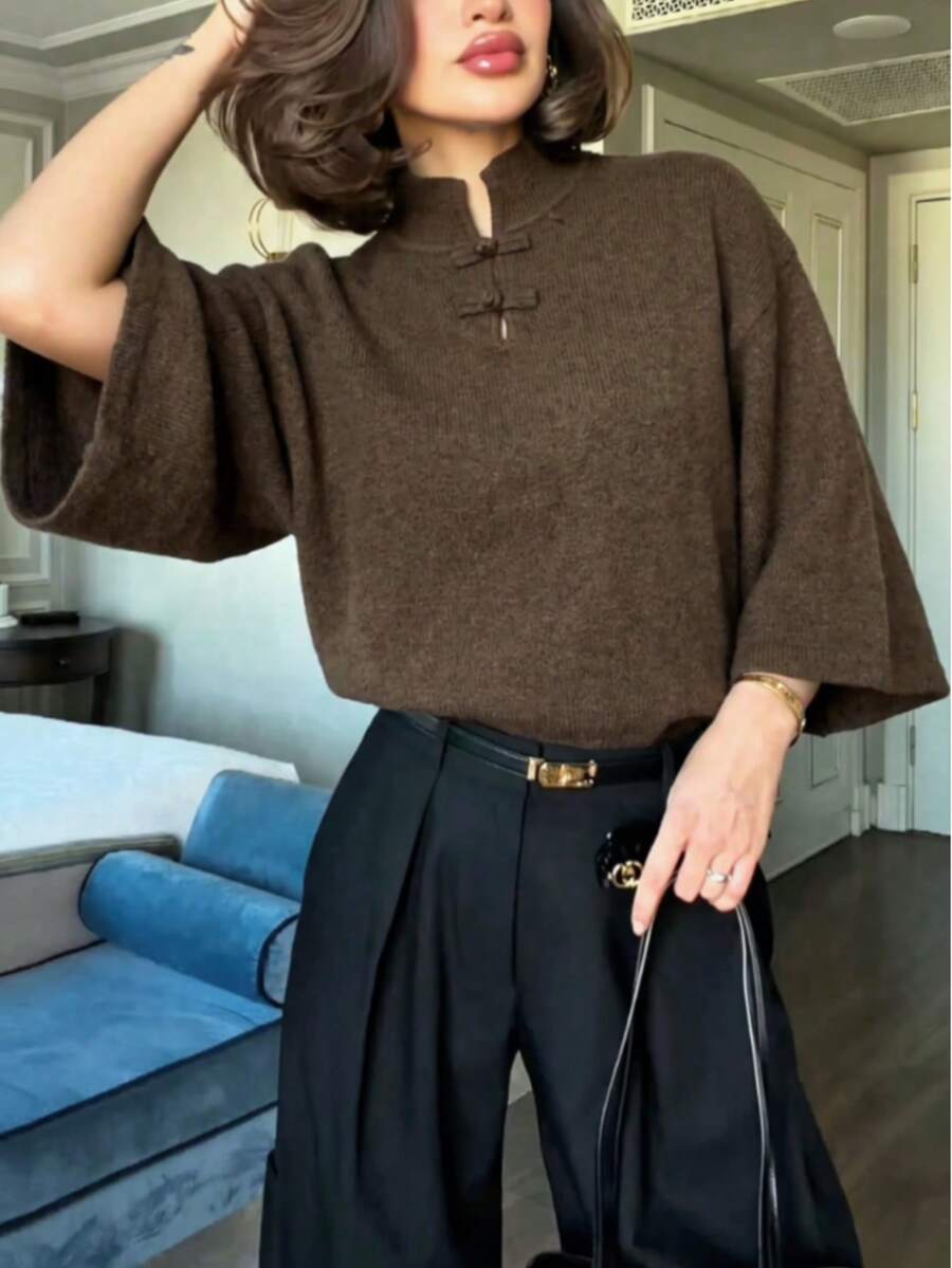 SEREN Elegant Women's Regular Fit Pullover Sweater, Brown, With Traditional Button Details And Wide Cuffs, Autumn Outfit Essential - Brown - View 1