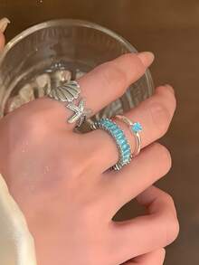 3pcs/Set Ocean Style Shell & Starfish Rings For Women, Fresh Blue Zirconia Open Adjustable Finger Rings, Niche Beach Layered Jewelry - Multicolor - View 3
