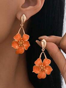 8 buah Anting Liontin Bunga Lima Kelopak Bentuk Tetesan Minyak Jeruk Elegan, Cocok untuk Pemakaian Sehari-hari, Hadiah untuk Teman di Hari Libur - Jeruk - View 1