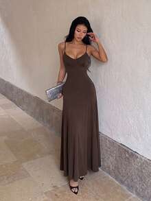Women's Casual V-Neck Spaghetti Strap Maxi Dress, Flowy Flared Swing Long Party Gown For Birthday, Vacation, Holiday Events, Brown - Brown - View 7