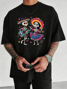 Camiseta Hombre Manga Corta Holgada Estampado Gráfico Esqueletos Mariachi Fiesta Mexicana Retro Halloween Moda Urbana Ligera - Negro - Ver 1