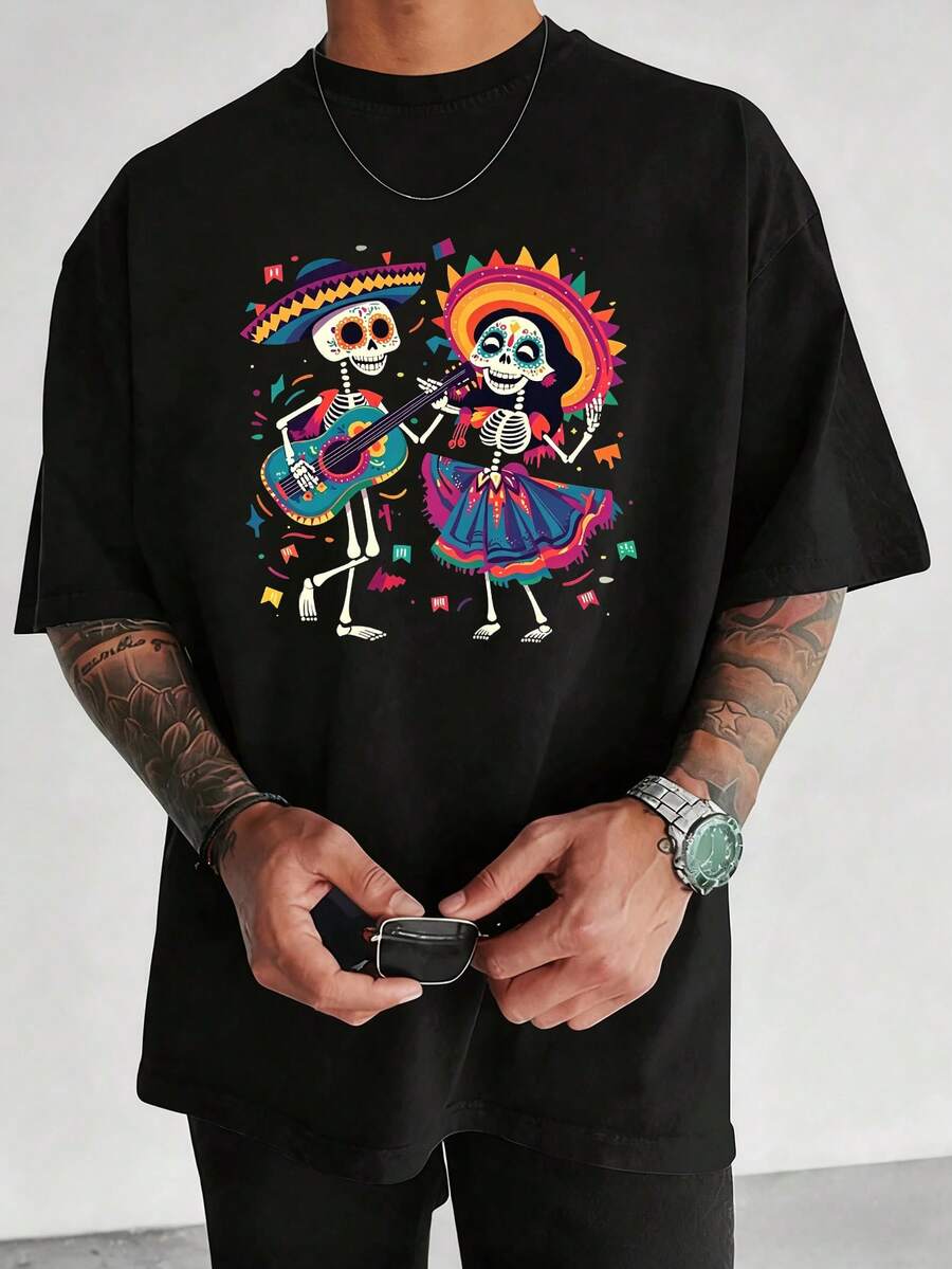 Camiseta Hombre Manga Corta Holgada Estampado Gráfico Esqueletos Mariachi Fiesta Mexicana Retro Halloween Moda Urbana Ligera - Negro - Ver 1