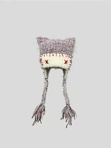 1pc Women's Dopamine Color Little Devil Ear Warmer Headwear, Handmade Contrast Color Tassel Braid Beanie, Autumn/Winter - Multicolor - View 11